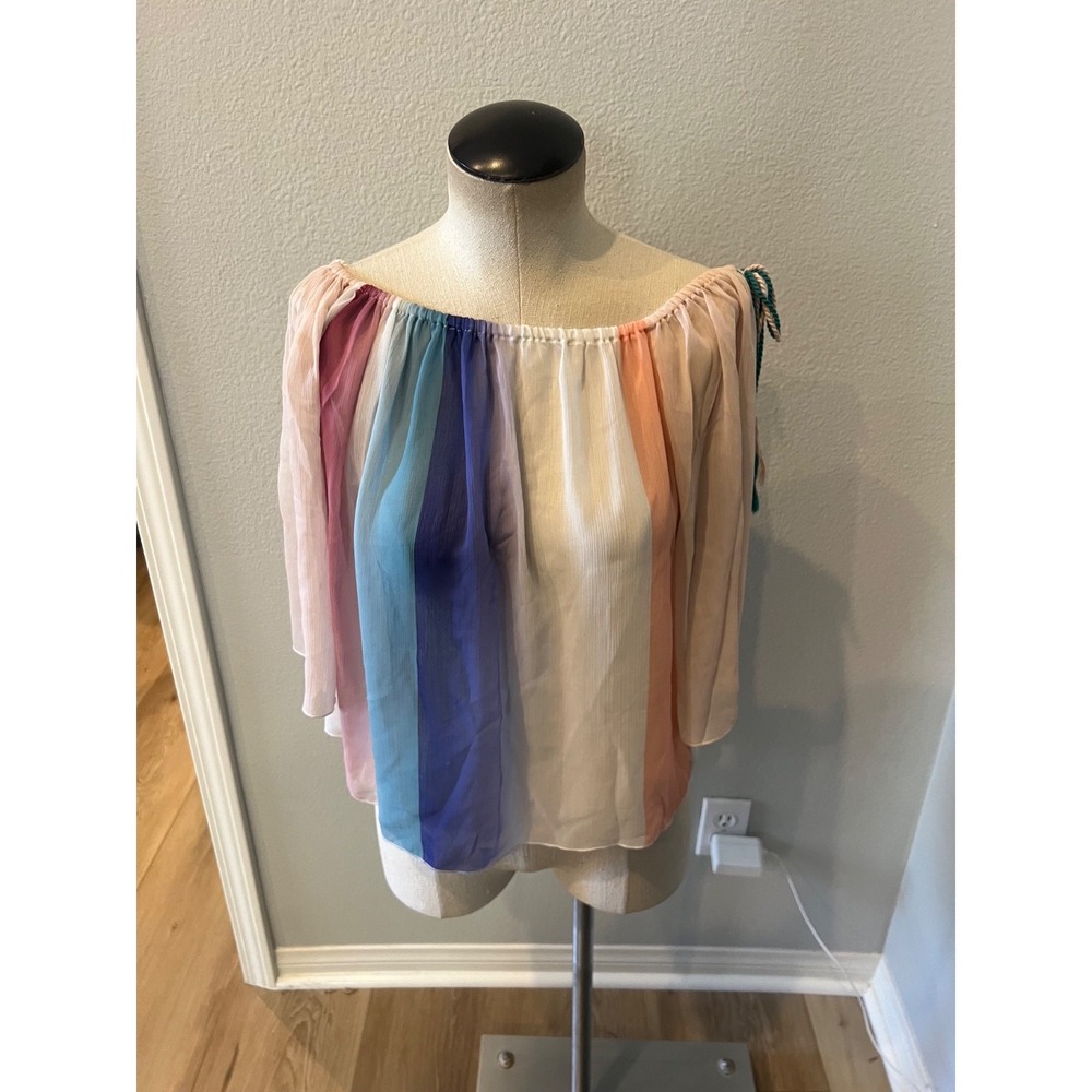 Forever 21 Womens Small Multicolor Striped Peasant Blouse Off Shoulder Tassel To